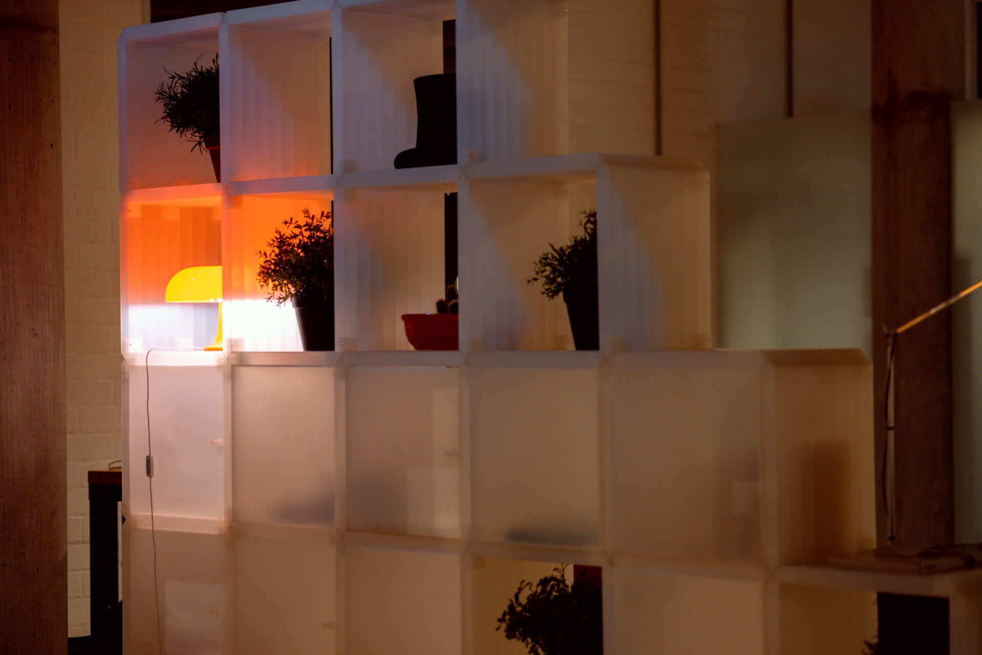 Warmly lit architectural detail inside a New York-style loft