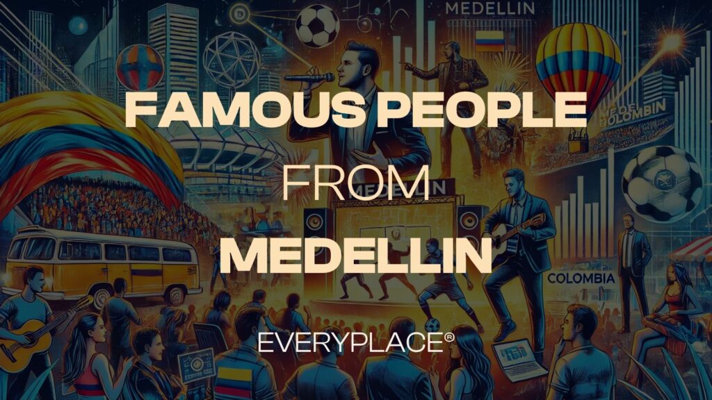 A vibrant digital illustration representing famous people from Medellin, Colombia. The image features a dynamic blend of icons symbolizing music, sports, and business. On one side, a reggaeton artist performing on stage with a lively crowd. On another side, a famous soccer player celebrating a goal in a packed stadium. The background shows a modern business district with a tech entrepreneur discussing ideas in a stylish office. The scene is lively and diverse, capturing Medellin's cultural and economic influence.
